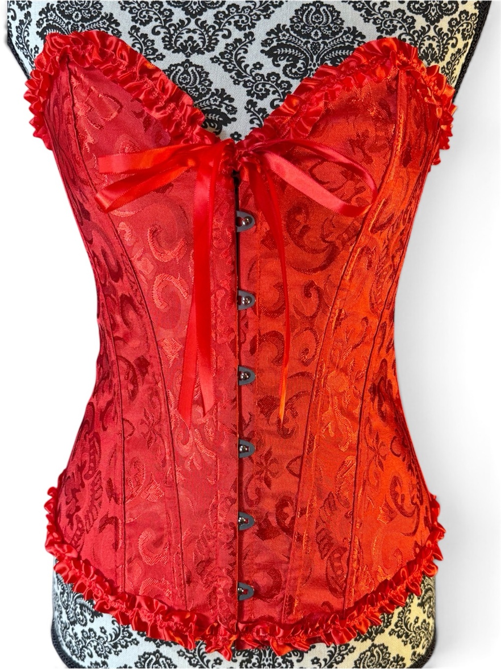 Red Satin Brocade Corset Top With Ruffles and Ribbons size M